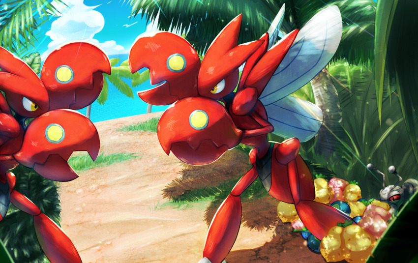 berry_(pokemon) cloud commentary_request day durant ewokakukaede eye_contact from_side gen_2_pokemon gen_5_pokemon grass looking_at_another nintendo no_humans outdoors palm_tree pokemon pokemon_(creature) scizor sitrus_berry sky standing tree yellow_eyes