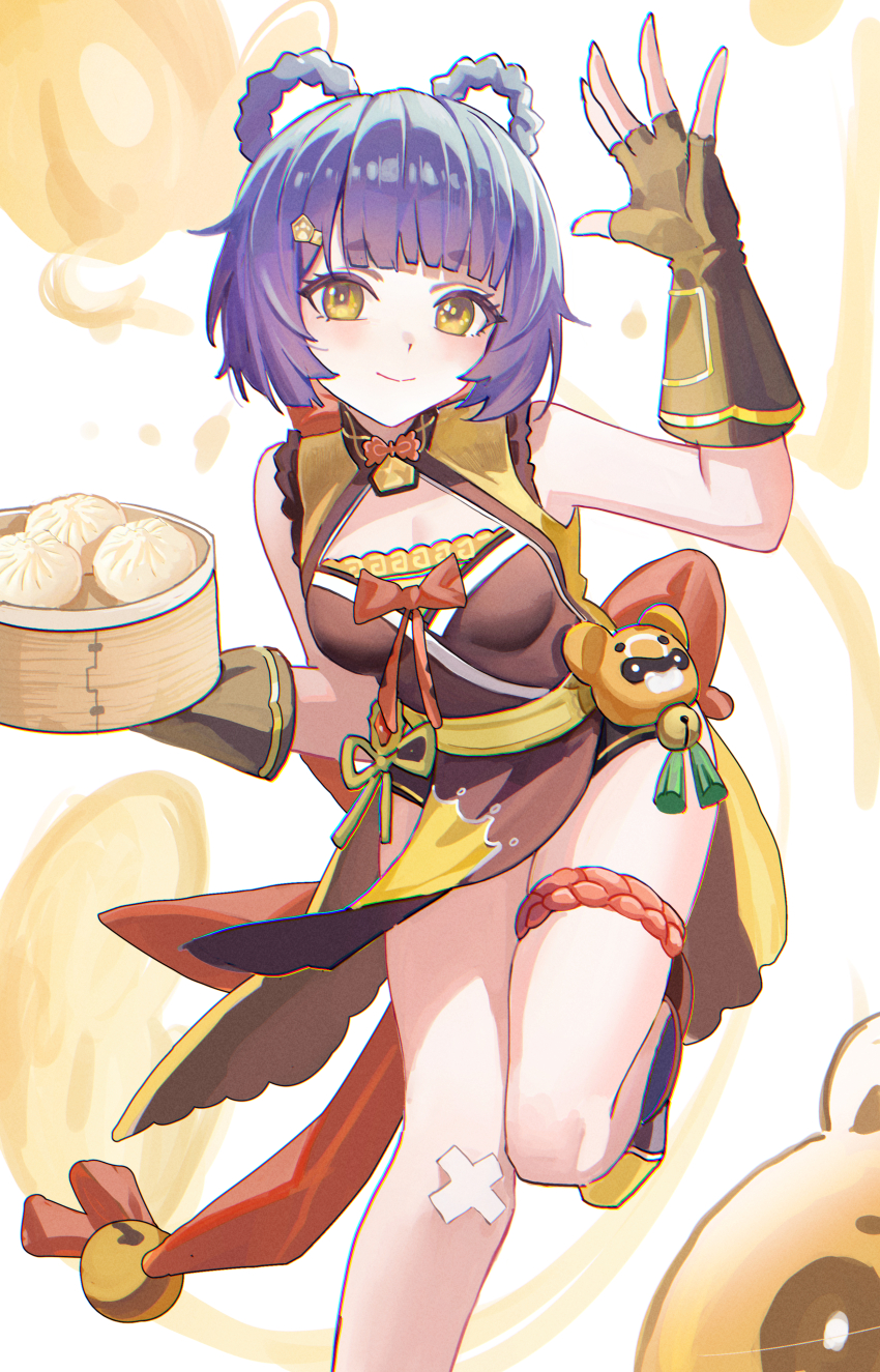 1girl absurdres bandaid bandaid_on_leg black_gloves blue_hair braid breasts chinese_clothes cleavage closed_mouth fingerless_gloves food genshin_impact gloves guoba_(genshin_impact) hair_ornament hair_rings hairclip highres looking_at_viewer medium_breasts short_hair small_breasts smile solo steamed_bun wuzhihuijia xiangling_(genshin_impact)