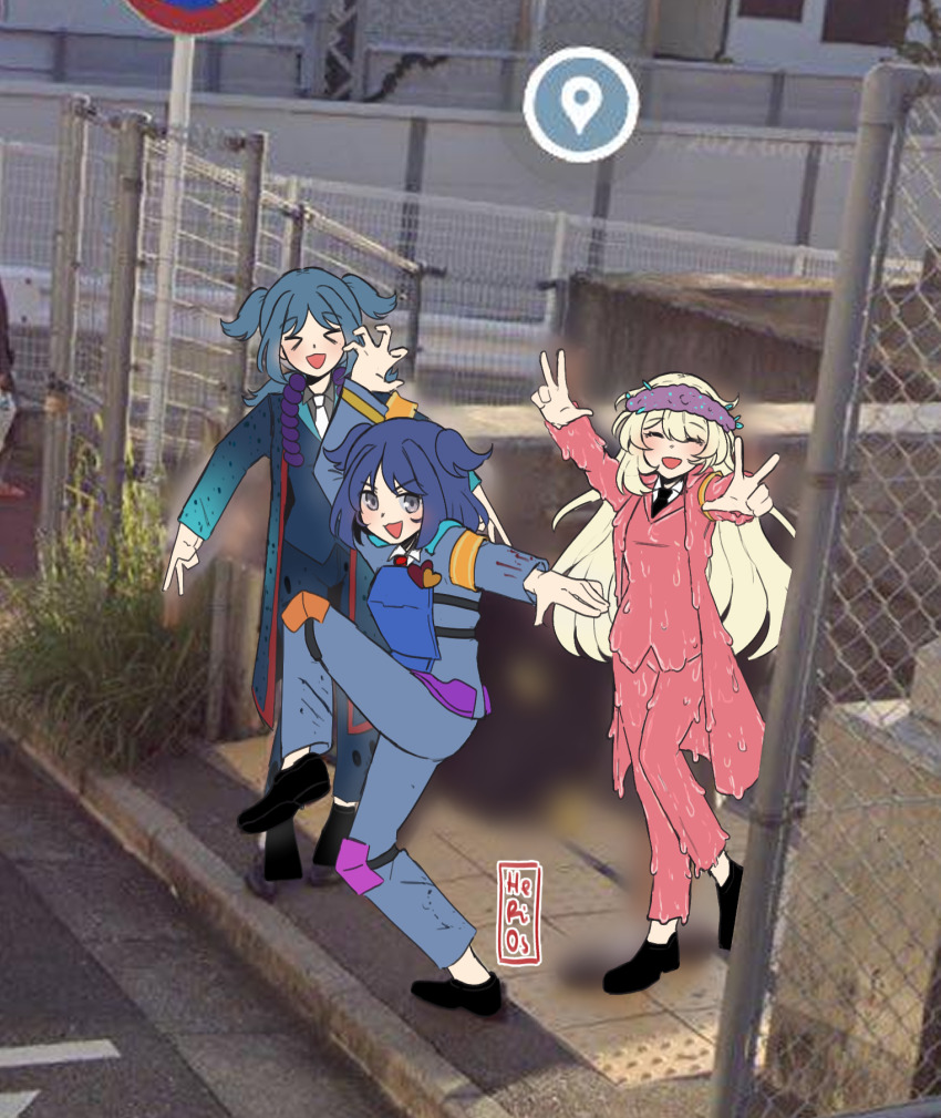 &gt;_&lt; 3girls adoration_(e.g.o) blonde_hair blue_coat blue_hair coat double_v e.g.o_(project_moon) ecstasy_(e.g.o) employee_(project_moon) faint_aroma_(e.g.o) full_body grey_eyes head_wreath heriossu high_school_girls_posing_for_google_street_view_(meme) highres liquid_clothes lobotomy_corporation long_hair medium_hair meme multiple_girls necktie nugget_(project_moon) open_mouth pants pink_coat pink_pants pink_vest project_moon quad_tails sidelocks smile spore_(e.g.o) two_side_up v very_long_hair vest white_necktie