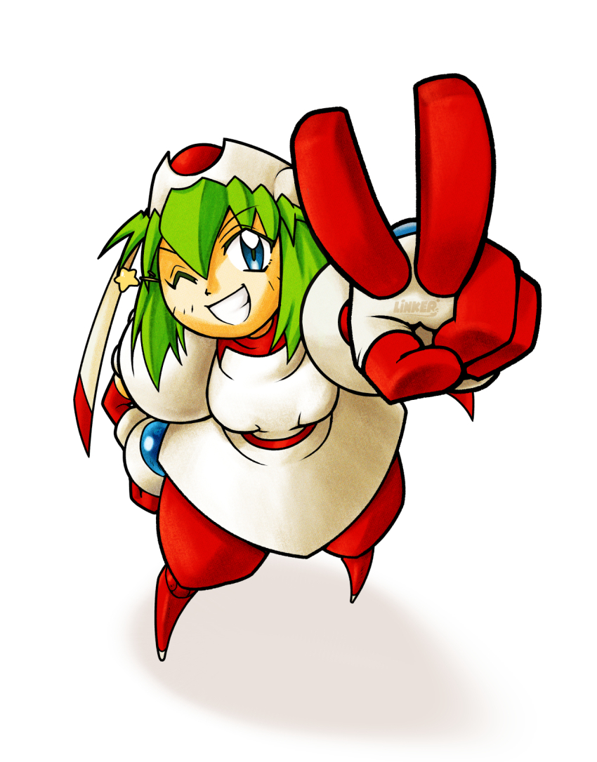 1girl artist_name blue_eyes from_above green_hair grin hair_between_eyes hand_on_own_hip highres joints linker looking_at_viewer marina_liteyears medium_hair no_feet one_eye_closed robot_girl robot_joints simple_background smile solo star_(symbol) teeth v white_background wink_star yuke_yuke!!_trouble_makers