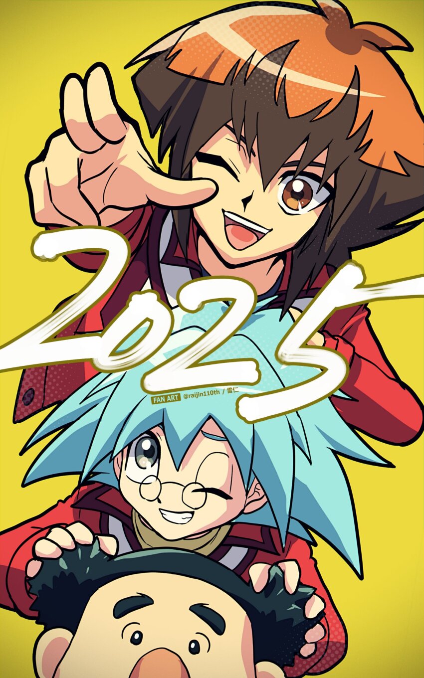 2025 3boys ;d black_eyes black_hair blue_hair brown_eyes brown_hair duel_academy_uniform_(yu-gi-oh!_gx) glasses grey_eyes hair_between_eyes highres jacket long_sleeves maeda_hayato male_focus marufuji_sho multiple_boys one_eye_closed open_mouth raijin-bh red_jacket short_hair smile teeth twitter_username upper_body yellow_background yu-gi-oh! yu-gi-oh!_gx yuki_judai