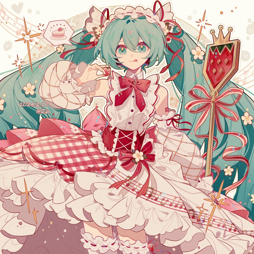 1girl :q absurdres aqua_eyes aqua_hair artist_name back_bow bow bowtie buttons cake cake_slice center_frills chinese_commentary closed_mouth commentary_request corset cowboy_shot cross-laced_clothes cross-laced_corset dated dress flower food frilled_corset frilled_dress frilled_thighhighs frills fruit gown hair_between_eyes hair_flower hair_ornament hair_ribbon hairband happy hatsune_miku heart highres holding holding_food holding_fruit holding_scepter lolita_hairband long_dress long_hair musical_note musical_note_print overskirt pink_bow pink_bowtie pink_overskirt plaid_clothes plaid_skirt red_corset red_ribbon ribbon ribbon-trimmed_hairband ribbon-trimmed_thighhighs ribbon_legwear ribbon_trim scepter skirt sleeveless sleeveless_dress smile solo sparkle spoken_food musical_staff strawberry strawberry_shortcake thighhighs tongue tongue_out twintails very_long_hair vocaloid white_background white_dress white_flower white_hairband white_thighhighs z6