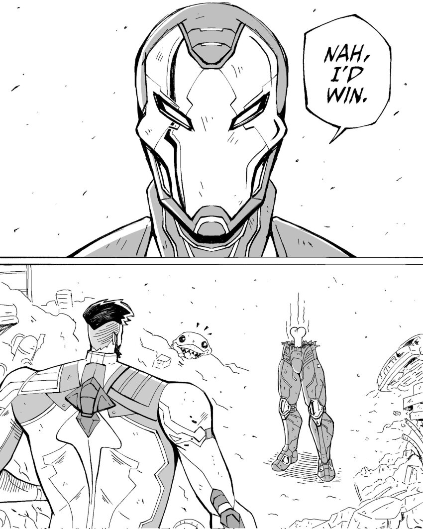 animification arc_reactor armor avengers_(series) black_hair bodysuit bone death el_igno facial_hair fantastic_four full_armor helmet highres iron_man iron_man_(series) jeff_(marvel) jujutsu_kaisen male_focus marvel marvel_rivals meme monochrome nah_i&#039;d_win_(meme) power_armor reed_richards short_hair superhero_costume