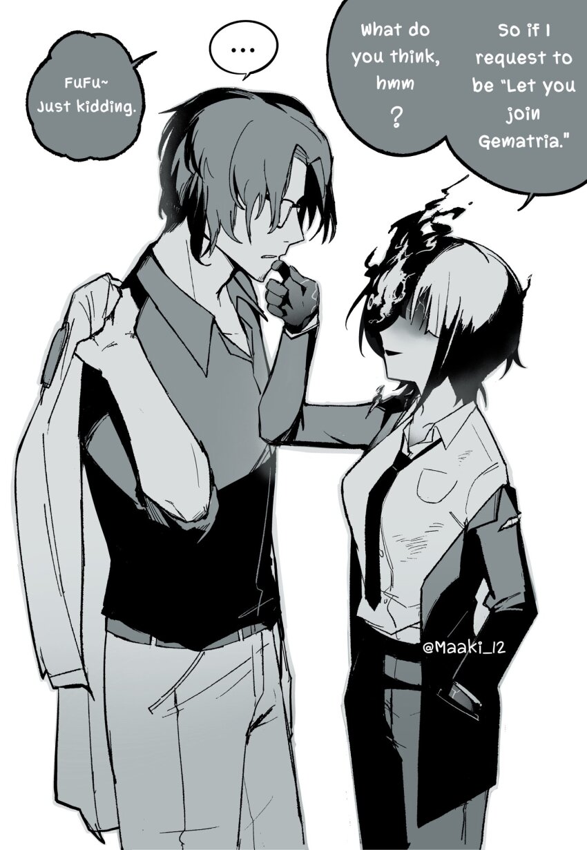 ... 1boy 1girl black_hair black_suit black_suit_(blue_archive) blue_archive english_text formal_clothes genderswap genderswap_(mtf) highres maaki12 multicolored_hair necktie sensei_(blue_archive) short_hair simple_background spoken_ellipsis suit torn_clothes white_background white_hair
