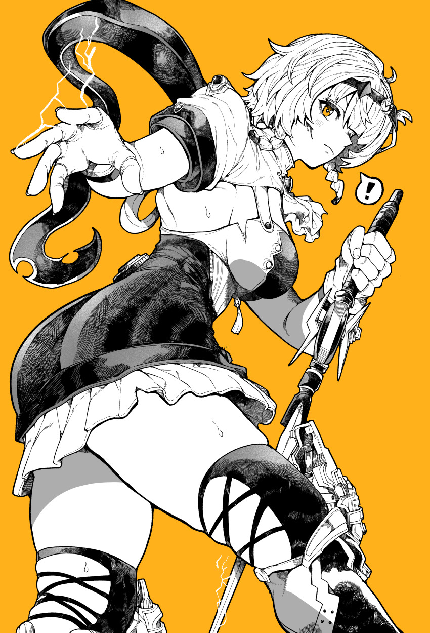 ! 1girl absurdres anby_demara anby_demara_(silver_soldier) blood blood_on_face braid feet_out_of_frame from_behind from_below gloves greyscale_with_colored_background hairband highres holding holding_sword holding_weapon looking_at_viewer looking_back official_alternate_costume orange_background orange_eyes reverse_grip side_braid simple_background skindentation solo spoken_exclamation_mark sword twin_braids weapon yotsumi_shiro zenless_zone_zero