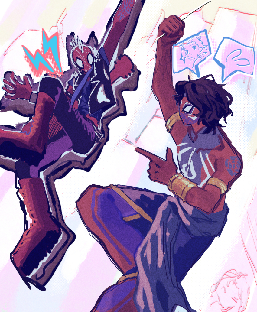 2boys bodysuit boots brown_hair commentary_request highres hobie_brown jacket leather leather_jacket looking_at_another male_focus marvel mohawk multiple_boys pavitr_prabhakar short_hair silk sleeveless sleeveless_jacket spider-man spider-man:_across_the_spider-verse spider-man_(series) spider-verse spider_web superhero_costume tami_tome_mo