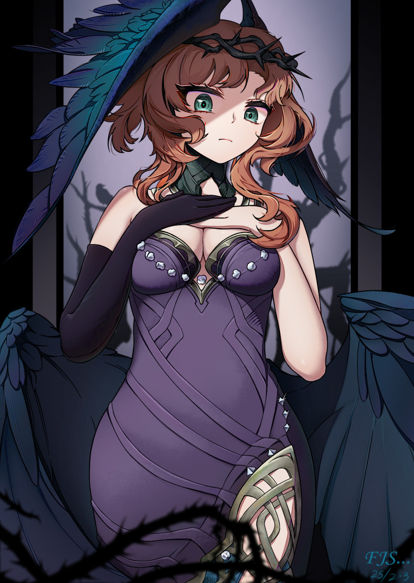1girl artist_name black_gloves blue_wings breasts cleavage closed_mouth cowboy_shot crown_of_thorns dated dress druvis_iii druvis_iii_(shrouded_in_thorns) elbow_gloves feathered_wings fjs... gloves green_eyes hands_on_own_chest hands_up head_wings highres long_hair looking_at_viewer low_wings medium_breasts official_alternate_costume orange_hair pillarboxed purple_background purple_dress reverse:1999 side_slit single_elbow_glove sleeveless sleeveless_dress solo wings