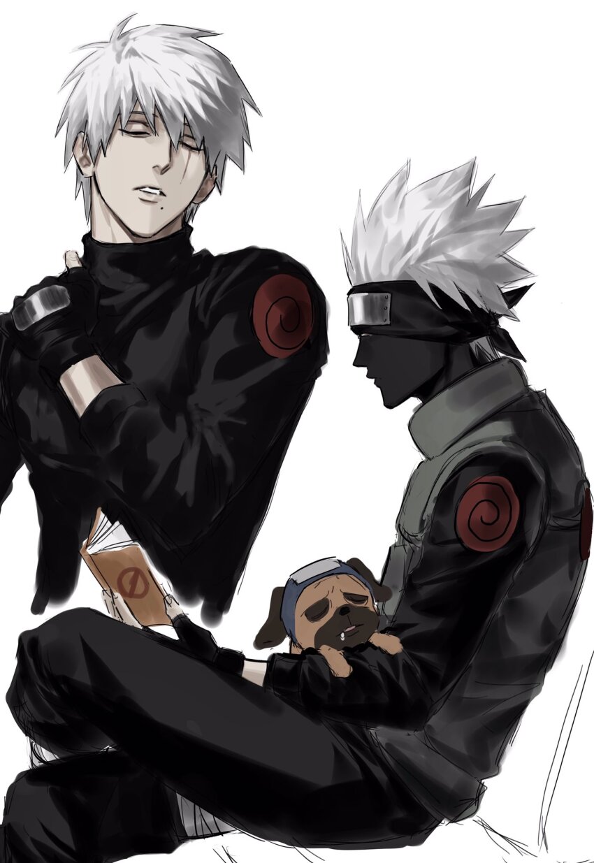 1boy bandages_over_clothes black_gloves book closed_eyes dog fingerless_gloves flak_jacket forehead_protector from_side gloves hand_on_own_shoulder hatake_kakashi highres holding holding_book icha_icha_(naruto) jacket konohagakure_shinobi_uniform konohagakure_symbol long_sleeves male_focus mask mole mole_under_mouth mouth_mask naruto_(series) no_mask open_book pakkun_(naruto) scar scar_on_face short_hair simple_background sitting solo sso_s teeth white_background white_hair