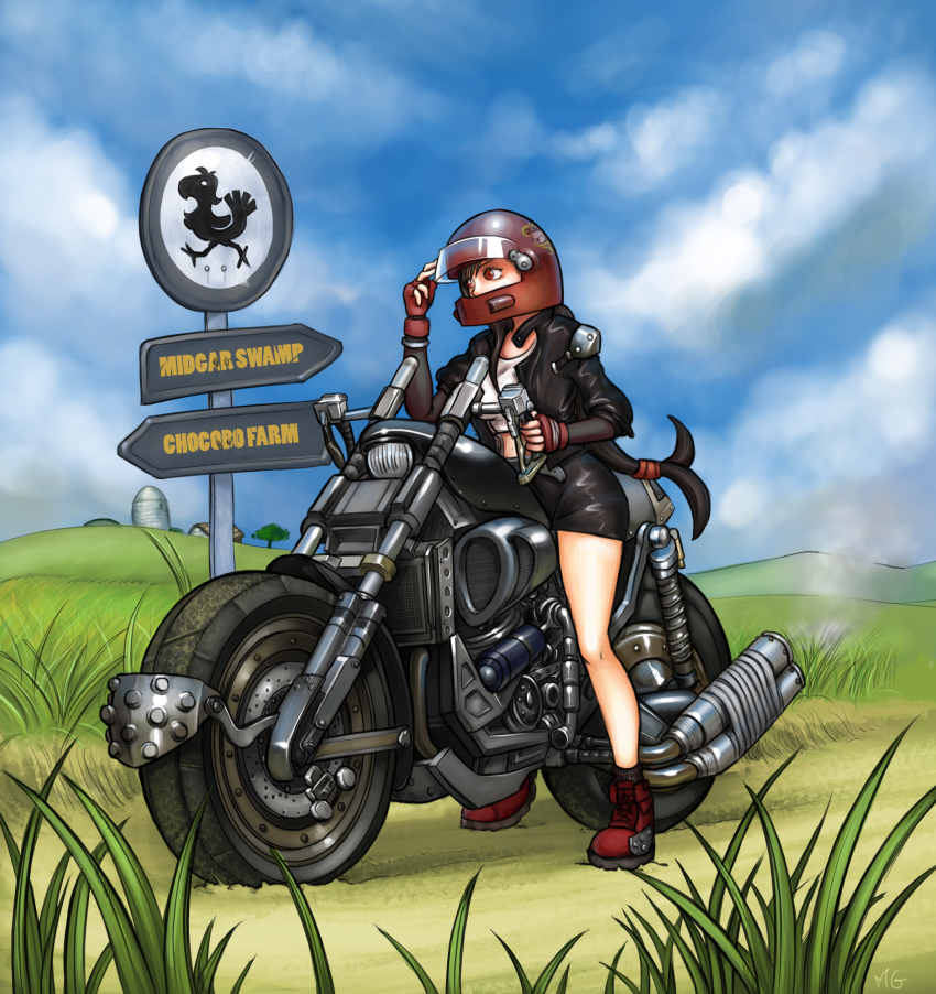 1990s_(style) 1girl artist_name belt black_hair blue_sky boots breasts brown_eyes brown_hair chocobo cleavage cloud crop_top day drawfag english_text female_focus field final_fantasy final_fantasy_vii fingerless_gloves gloves grass heart helmet highres jacket leather leather_jacket long_hair low-tied_long_hair mario_grant miniskirt motor_vehicle motorcycle motorcycle_helmet navel outdoors red_eyes red_gloves retro_artstyle sign signature signpost sitting skirt sky solo square_enix suspenders tank_top tifa_lockhart vehicle very_long_hair
