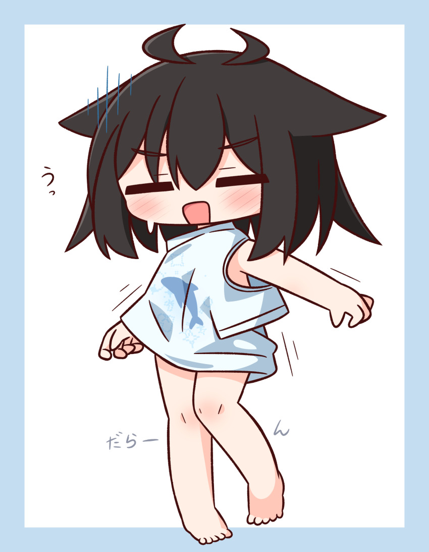 1girl :d bare_arms barefoot black_hair blue_border blush border chibi closed_eyes commentary_request facing_viewer full_body hair_between_eyes hana_kazari highres open_mouth original shirt short_sleeves smile solo standing standing_on_one_leg sweat translation_request v-shaped_eyebrows wardrobe_error white_background white_shirt