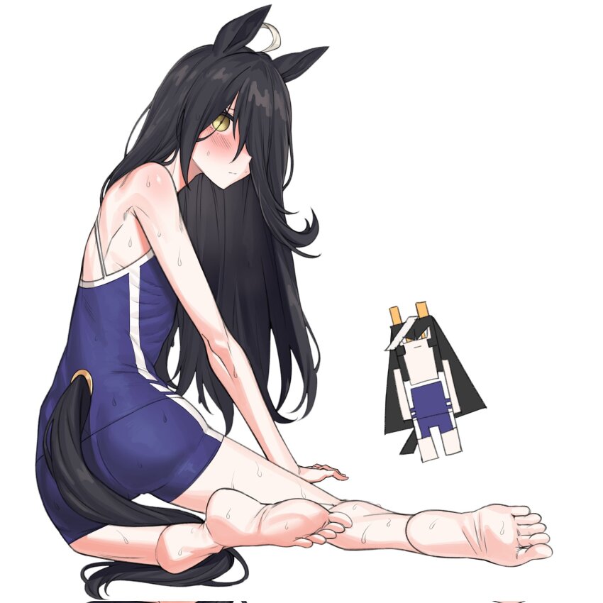 1girl ahoge animal_ears bare_shoulders barefoot black_hair blue_one-piece_swimsuit blush calstone_light_o_(umamusume) fukuro_(maruaru00) hair_over_one_eye hand_on_ground highres horse_ears horse_girl horse_tail hug long_hair looking_at_viewer manhattan_cafe_(umamusume) on_ground one-piece_swimsuit ribs school_swimsuit simple_background solo swimsuit tail umamusume very_long_hair white_background white_hair yellow_eyes