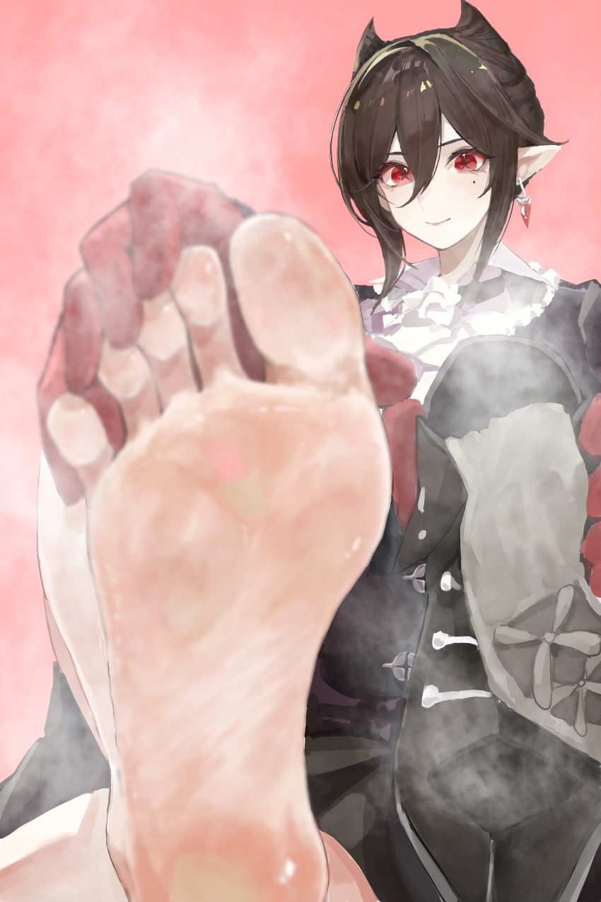 1girl absurdres arknights barefoot blurry blurry_foreground brown_hair chinese_commentary collar commentary_request double-parted_bangs earrings entelechia_(arknights) eyelashes feet foot_focus foot_up foreshortening frilled_collar frills gloves hair_between_eyes hand_on_own_foot highres holding jewelry knee_up lips looking_at_viewer mole mole_under_eye pink_background pointy_ears red_eyes red_gloves shoes short_hair sidelocks simple_background sitting smell smile soles solo spread_toes steaming_body tiansuo_haoer toes unworn_shoes variant_set