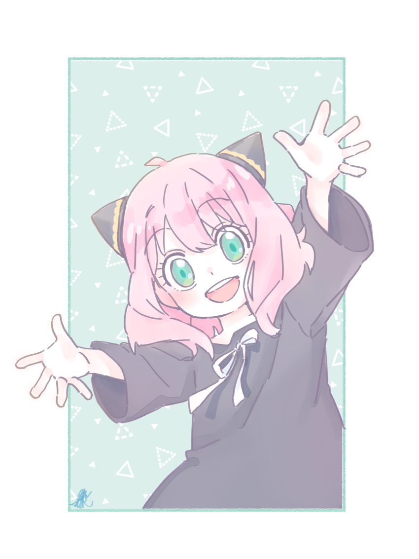 1girl :d absurdres ahoge anya_(spy_x_family) border green_background green_eyes hair_ornament highres long_hair long_sleeves looking_at_viewer open_mouth outstretched_arms pink_hair seila_rei smile solo spy_x_family tareme teeth upper_teeth_only white_border