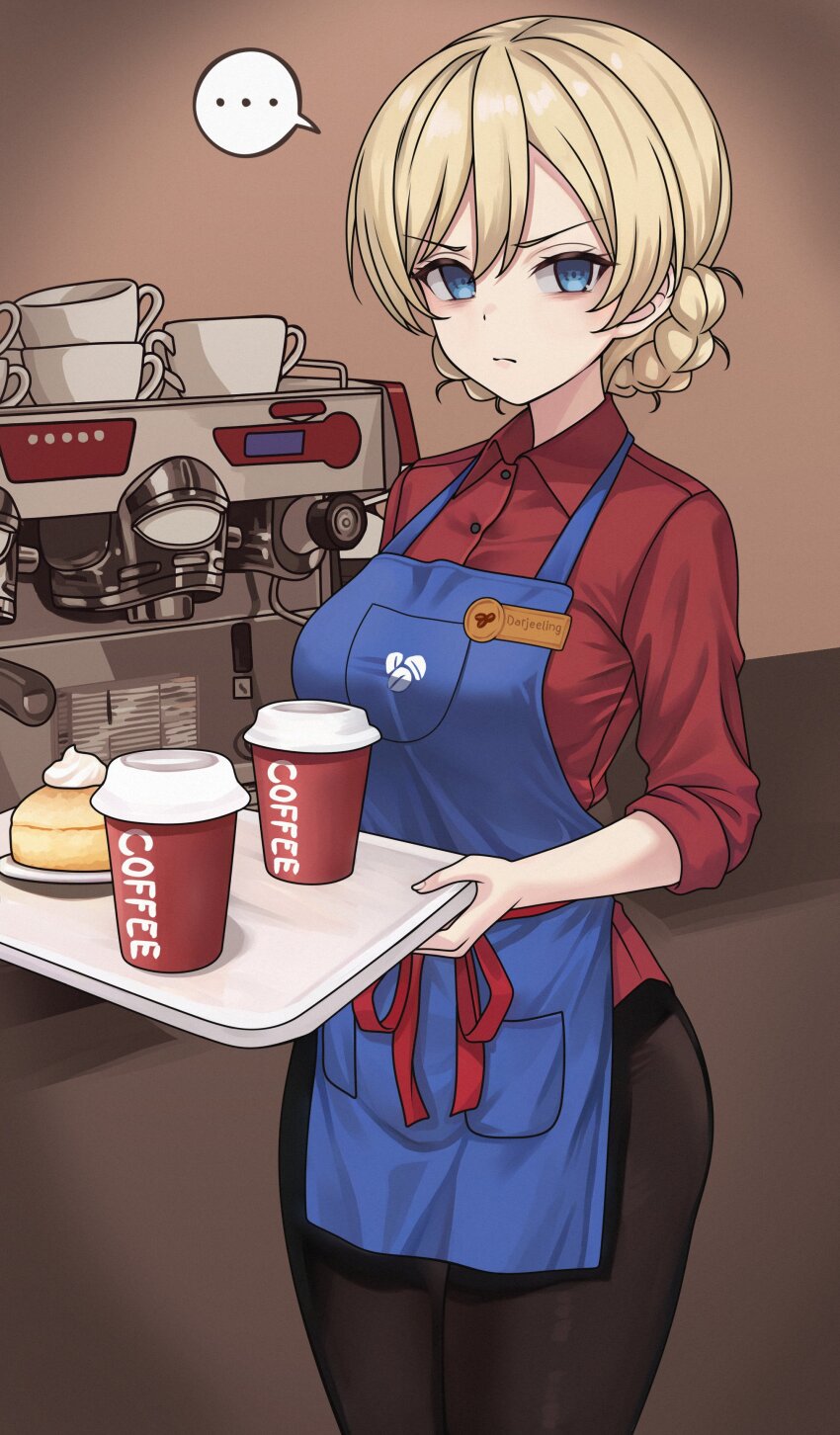 ... 1girl aadka5 absurdres alternate_costume apron bags_under_eyes barista black_pants blonde_hair blue_apron blue_eyes braid breasts closed_mouth coffee coffee_grinder coffee_maker collared_shirt counter cup darjeeling_(girls_und_panzer) disposable_coffee_cup disposable_cup employee_uniform exhausted food frown girls_und_panzer highres holding holding_tray long_sleeves looking_at_viewer name_tag pants pastry red_shirt shirt short_hair sleeves_rolled_up solo speech_bubble spoken_ellipsis tray unhappy