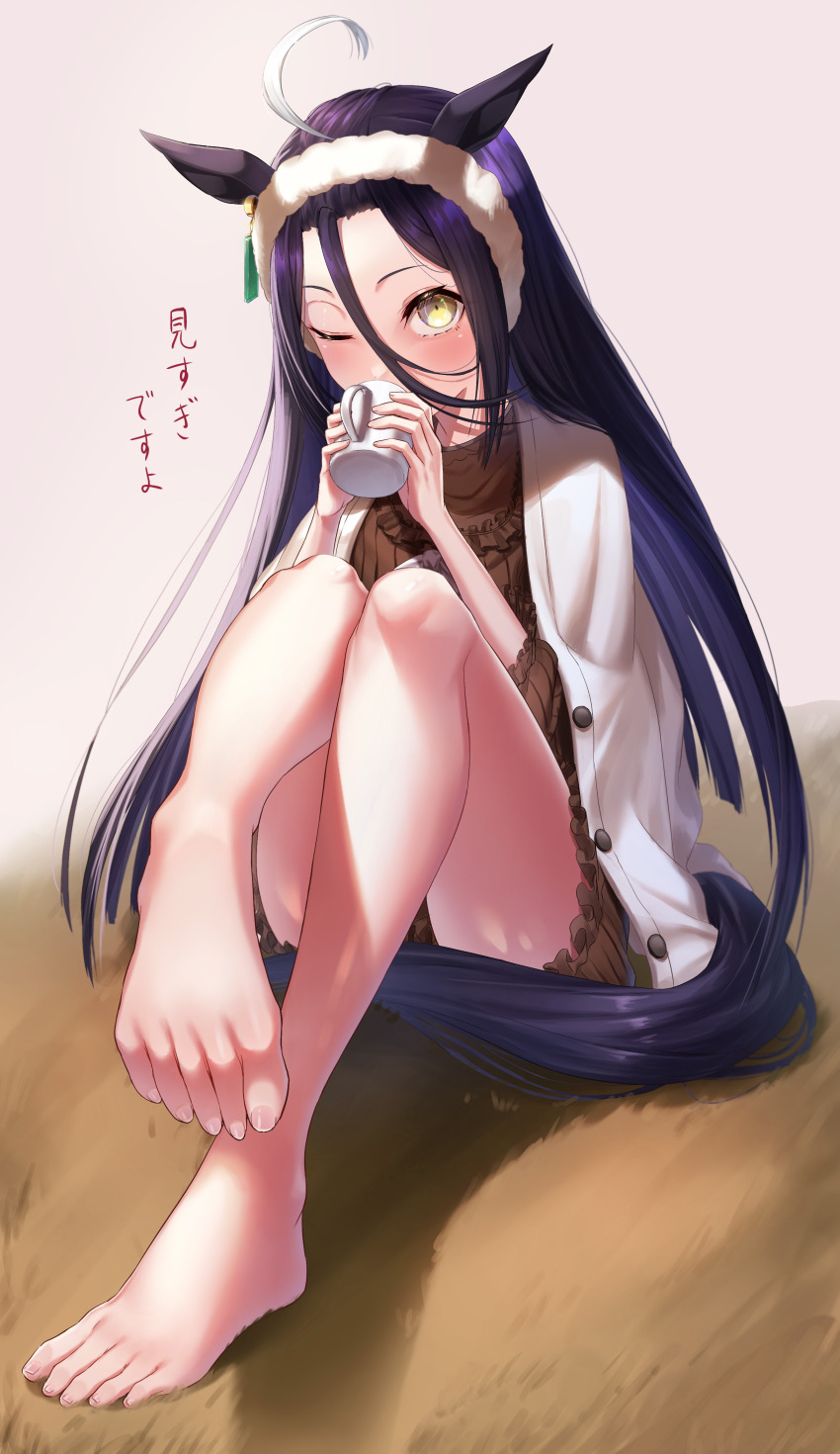 1girl absurdres ahoge alternate_costume animal_ears barefoot black_hair black_sweater blush commentary_request cup earrings feet foot_focus hair_between_eyes highres holding holding_cup horse_ears horse_girl horse_tail jacket jewelry looking_at_viewer manhattan_cafe_(umamusume) mug multicolored_hair on_ground one_eye_closed reo-illust4696 shorts single_earring sitting solo streaked_hair sweater tail toes umamusume white_hair white_jacket yellow_eyes