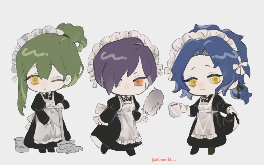 3boys absurdres apron black_dress blue_hair chesed_(project_moon) cup dress duster full_body green_hair hair_over_one_eye hand_up highres holding holding_cup holding_duster holding_mop juliet_sleeves library_of_ruina long_sleeves low_ponytail maid maid_apron maid_headdress mesoold mop mug multiple_boys netzach_(project_moon) parted_bangs ponytail project_moon puffy_sleeves purple_hair simple_background white_apron white_background yesod_(project_moon)