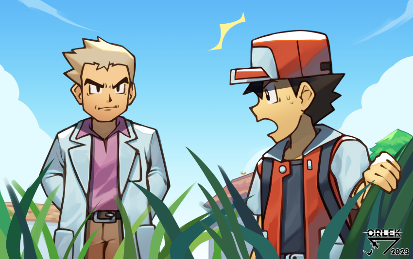2boys artist_name belt black_belt black_eyes black_hair blonde_hair brown_pants building closed_mouth cloud coat collared_shirt commentary day grass hat highres jacket lab_coat male_focus multiple_boys nintendo open_clothes open_coat open_jacket orlek outdoors pants pokemon pokemon_rgby purple_shirt red_(pokemon) red_hat professor_oak shirt short_hair sky spiked_hair