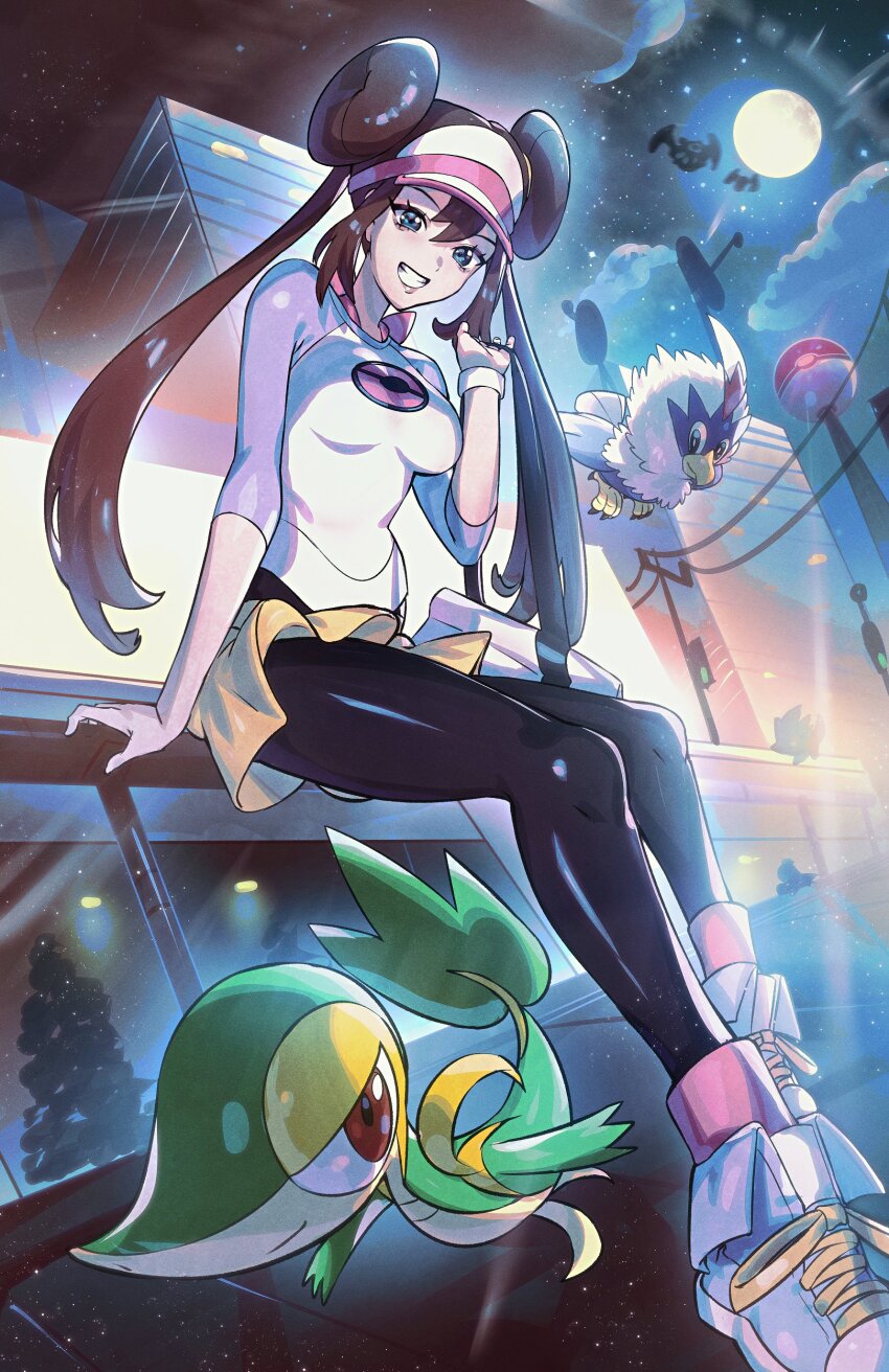 1girl absurdres aegyo_sal bird black_pantyhose blue_eyes breasts brown_hair cityscape donut_hair_bun double_bun full_body full_moon gen_5_pokemon hair_bun highres long_hair medium_breasts moon night nintendo pantyhose pokemon pokemon_bw2 rosa_(pokemon) rufflet ryairyai shirt shorts smile snivy teeth white_shirt yellow_shorts zorua