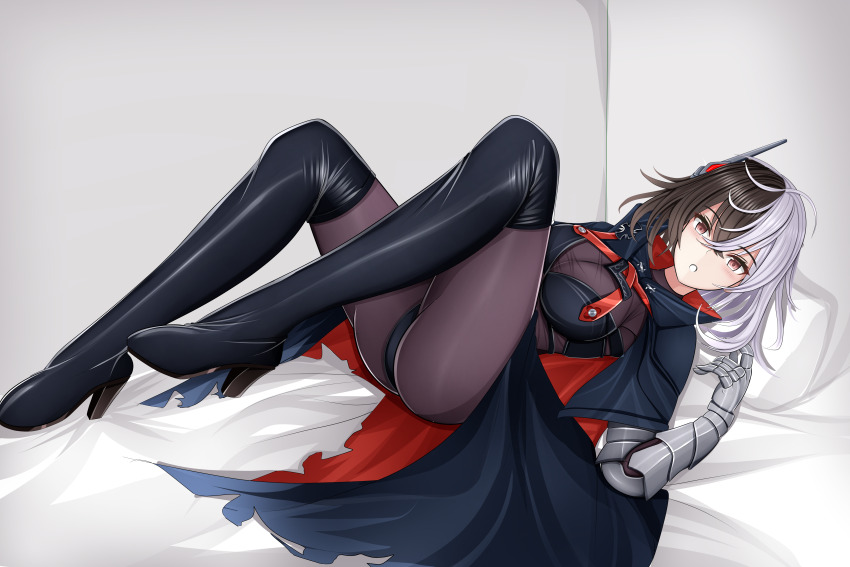 1girl :o absurdres azur_lane black_hair bodystocking boots breasts bruenhilde_(azur_lane) capelet cloud commentary_request full_body gauntlets genius_1237to hair_ornament high_heel_boots high_heels highres large_breasts looking_at_viewer lying multicolored_hair on_back on_bed pantyhose pillow short_hair solo split-color_hair thigh_boots two-tone_hair white_hair