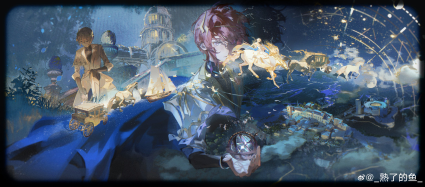 2boys absurdres amagi_hiiro amagi_rinne black_border black_shirt blue_cape boat border cape carriage castle character_request check_character cloud cloudy_sky collared_jacket cowboy_shot dress_pants ensemble_stars! expressionless floating_cape formal_clothes hair_over_one_eye highres holding holding_star horse idol jacket lapels layered_sleeves light_particles long_sleeves multiple_boys night night_sky notched_lapels pants parted_lips rain red_hair sailboat shirt short_hair shule_de_yu simple_bird sky star_(symbol) suit tree turtleneck turtleneck_shirt watercraft watermark weibo_watermark white_jacket white_pants white_suit wind