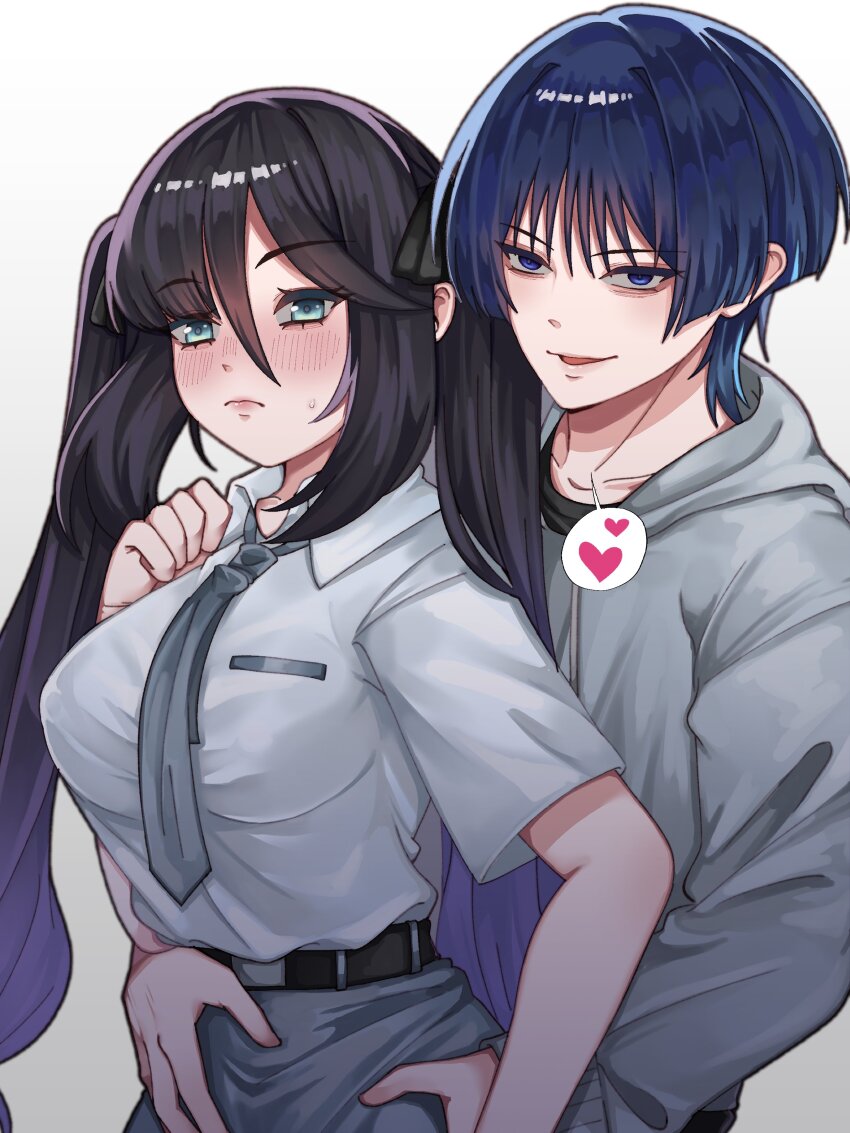 1boy 1girl absurdres alternate_costume aqua_eyes arm_at_side arms_at_sides bags_under_eyes behind_another belt black_belt black_bow black_hair black_shirt black_undershirt blouse blue_hair blunt_bangs blunt_ends blush bow breast_pocket buckle casual choppy_bangs clenched_hand closed_mouth collared_shirt colored_tips contemporary cover drawstring eyelashes formal_clothes genshin_impact gradient_hair grey_hood grey_hoodie grey_lips grey_necktie grey_skirt grey_sleeves hair_between_eyes hair_bow hand_up hands_on_another&#039;s_hips heart hetero highres hood hood_down hoodie koviiy lipgloss long_hair long_sleeves looking_at_another mona_(genshin_impact) multicolored_hair necktie open_mouth pink_lips pocket purple_eyes purple_hair ribbed_sleeves scaramouche_(genshin_impact) shirt short_sleeves sidelocks skirt smile snap-fit_buckle speech_bubble sweatdrop swept_bangs tsurime twintails white_background white_shirt white_sleeves