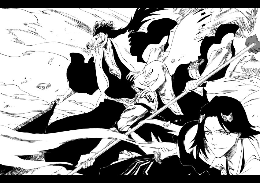 &gt;:) 1girl 3boys :d absurdres ayasegawa_yumichika bald black_hair black_kimono bleach blush_stickers chinese_commentary closed_eyes closed_mouth commentary crazy_smile eyepatch facial_mark fighting_stance floating_hair grin haori highres holding holding_polearm holding_sword holding_weapon houzukimaru_(shikai) japanese_clothes ken&#039;ichi_(ken1ro_u) kimono kubo_tite_(style) kusajishi_yachiru long_hair long_sleeves looking_afar madarame_ikkaku male_focus mature_male monochrome multiple_boys muscular muscular_male nozarashi_(shikai) official_style one_eye_covered open_mouth polearm scar scar_on_face short_hair simple_background smile smoke sword teeth tsurime v-shaped_eyebrows weapon white_background wide_sleeves zaraki_kenpachi