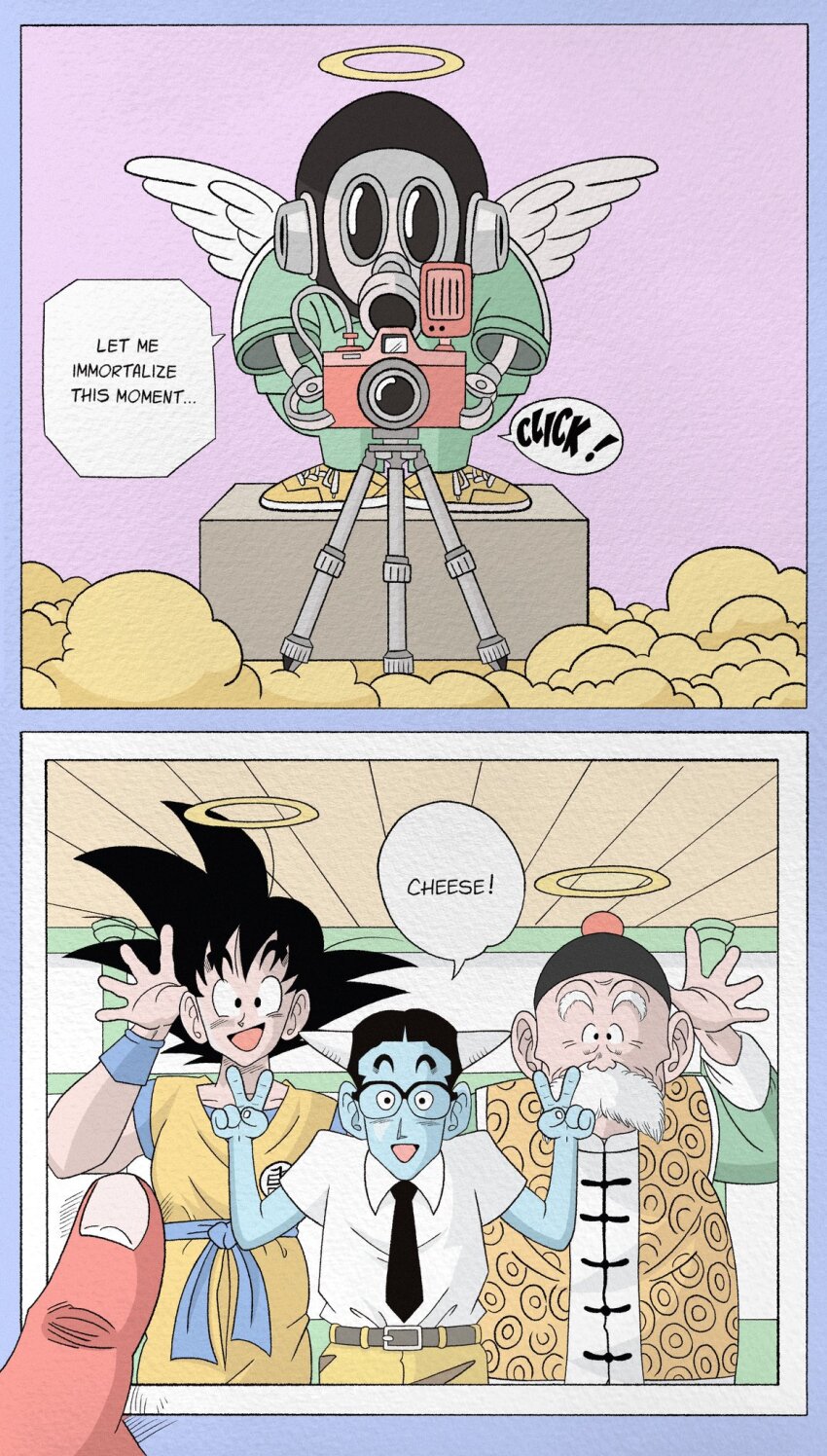 4boys beard black_hair blue_shirt blue_skin camera collared_shirt colored_skin demon double_v dougi dragon_ball dragonball_z english_text facial_hair glasses grandpa_gohan halo highres horns mask multiple_boys necktie orange_pants orange_shirt pants shirt son_goku toriyama_akira_(character) v wesatinthecar white_shirt