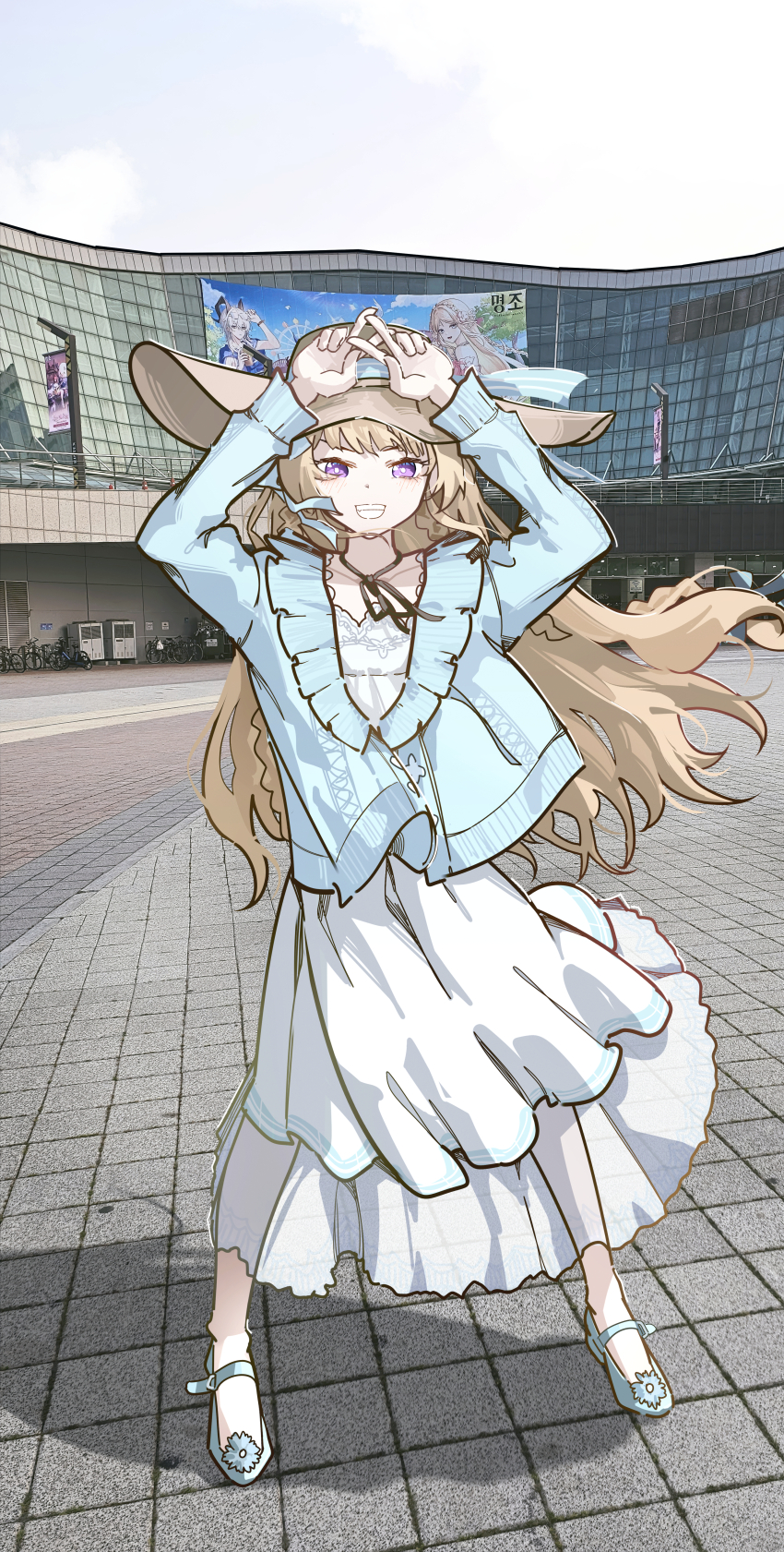 1girl absurdres arms_up blonde_hair blue_shoes blue_sweater collarbone commentary day dress english_commentary full_body highres long_hair looking_at_viewer official_art_inset outdoors phoebe_(wuthering_waves) purple_eyes ryeon_(naturesan) screenshot_background shoes smile solo standing sweater white_dress wuthering_waves