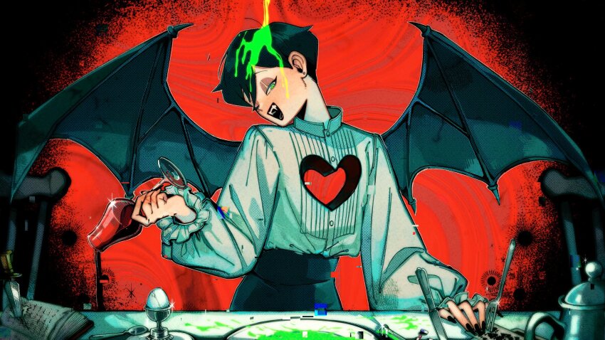 1boy androgynous bat_wings black_hair black_nails book butter_knife commentary_request dagger earrings egg fangs fingernails fork glass green_eyes head_tilt heart highres hole_on_body jewelry knife long_fingernails male_focus natchan_blue_(nanairopenki) one_eye_closed open_mouth original plate puffy_sleeves red_background short_hair smile solo spilling stud_earrings upper_body weapon wings