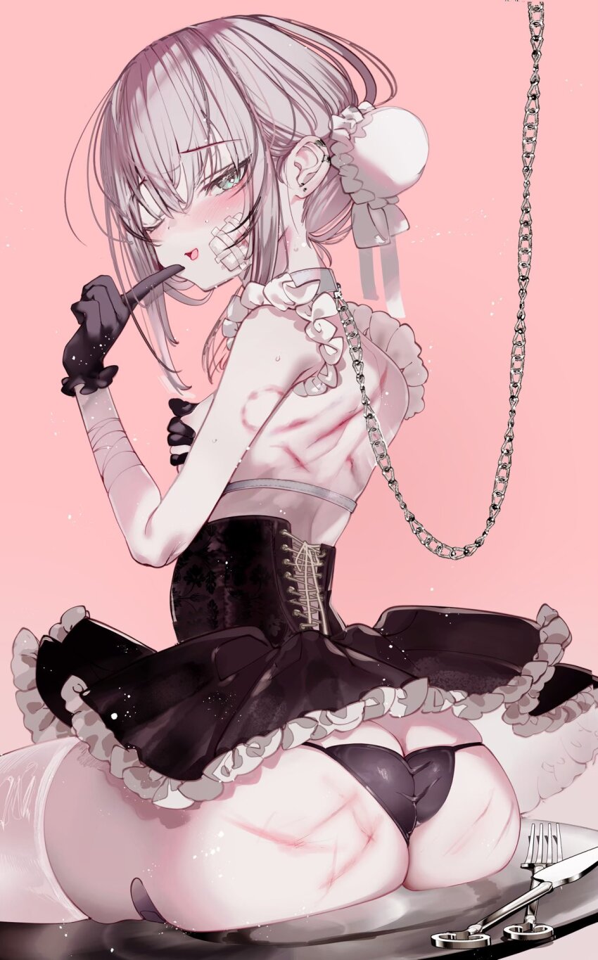 1-gou_(111touban) bandages black_dress black_gloves black_panties blood blood_stain blush chain choker dress finger_to_mouth fork gloves green_eyes hair_between_eyes hair_bun highres knife looking_back one_eye_closed open_mouth original panties simple_background sitting sleeveless teeth_print thighhighs underwear