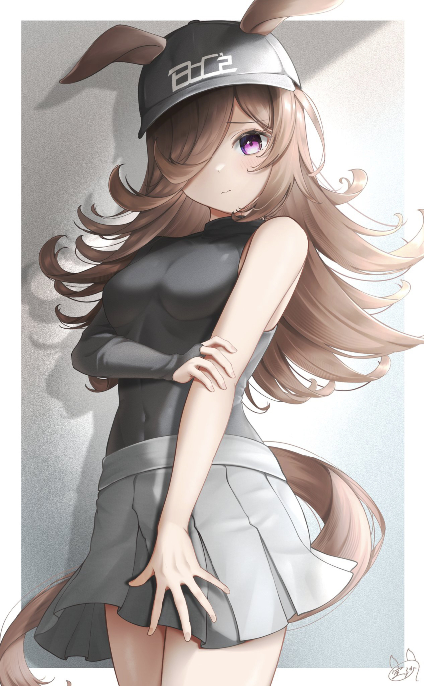 1girl animal_ears asymmetrical_bangs baseball_cap black_hat black_shirt breasts bridal_sleeves brown_hair commentary covered_navel covering_crotch covering_privates cowboy_shot ears_down ears_through_headwear embarrassed flipped_hair grey_skirt hair_over_one_eye hat highres holding_own_arm horse_ears horse_girl horse_tail long_bangs long_hair long_sleeves looking_at_viewer miniskirt pleated_skirt purple_eyes rice_shower_(boc&#039;z)_(umamusume) rice_shower_(umamusume) shirt single_bare_arm single_bare_shoulder single_sleeve skin_tight skirt small_breasts sola_num_5130 solo spiked_hair tail turtleneck turtleneck_shirt umamusume