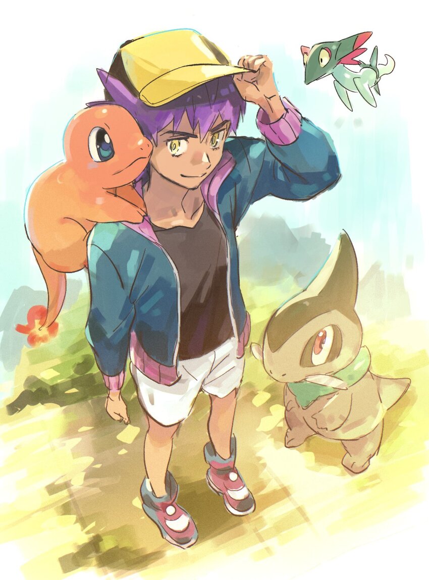 1boy aged_down aqua_jacket axew ch_walnut charmander closed_mouth commentary_request day dreepy gen_1_pokemon gen_5_pokemon gen_8_pokemon hand_on_headwear hat highres jacket korean_commentary leon_(pokemon) long_sleeves male_focus nintendo on_shoulder open_clothes open_jacket outdoors pokemon pokemon_(anime) pokemon_(creature) pokemon_journeys pokemon_on_shoulder purple_hair shirt shoes short_hair shorts smile standing white_shorts yellow_eyes yellow_hat