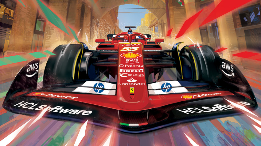 amazon_(company) car carlos_sainz driving ferrari ferrari_sf-24 helmet italian_flag mirco_pierfederici motion_blur official_art pirelli promotional_art real_life red_car red_helmet road shell_(company) solo spoiler_(automobile) sponsor street vehicle_focus
