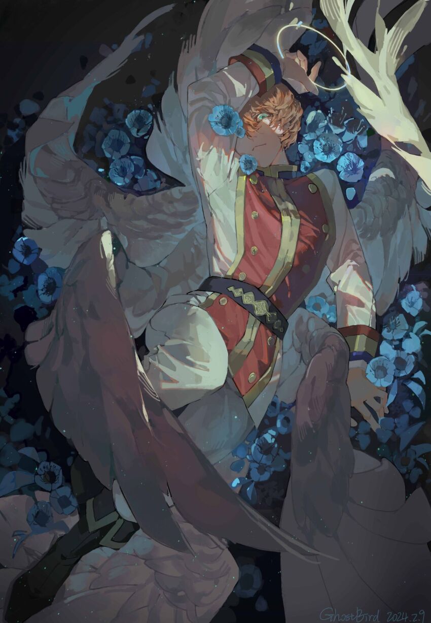 1boy alternate_species angel angel_wings aristocratic_clothes arm_up belt black_belt black_boots black_clover blue_eyes blue_flower boots brown_hair cornflower feathered_wings flower from_above gold_buttons halo high_collar highres jacket langris_vaude light_smile looking_at_viewer lying male_focus on_back pants solo too_many_flowers white_jacket white_pants white_wings wings xingji20108