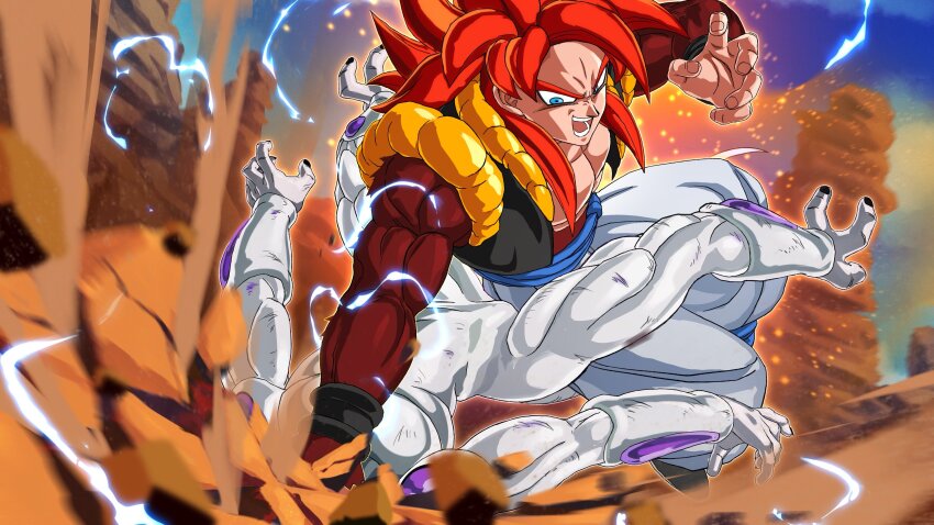 2boys absurdres baggy_pants battle black_footwear black_nails black_vest blue_eyes blue_sash blue_sky blurry body_fur cloud colored_skin commentary debris depth_of_field dragon_ball dragon_ball:_sparking! dragon_ball_gt dragonball_z dust_cloud easterhands electricity english_commentary final_form_frieza frieza gogeta highres in-franchise_crossover long_hair looking_at_another male_focus metamoran_vest multiple_boys muscular muscular_male nose open_mouth orange_vest outdoors pants red_hair sash scratches sky sleeveless spiked_hair stone_pillar super_saiyan super_saiyan_4 teeth tongue v-shaped_eyebrows vest white_pants white_skin