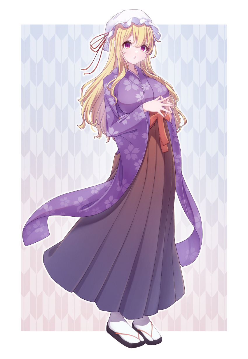 1girl absurdres alternate_costume blonde_hair breasts commentary_request hakama hakama_skirt hashi2387 hat hat_ribbon highres japanese_clothes kimono long_hair long_sleeves maribel_hearn mob_cap okobo own_hands_together petal_print platform_sandals print_kimono purple_kimono red_eyes red_ribbon ribbon sandals skirt socks solo steepled_fingers tabi touhou white_hat white_socks wide_sleeves