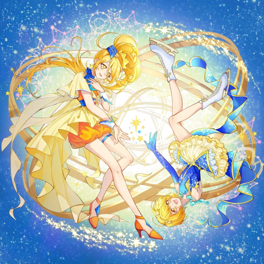 2girls blonde_hair blue_dress blue_gloves cure_etoile dress dual_persona elbow_gloves full_body garrison_cap gloves hat highres hugtto!_precure ice_skates kagayaki_homare kui_(kuishadowww) long_hair magical_girl multiple_girls orange_dress precure short_hair side_ponytail skates star_(symbol) thigh_strap very_long_hair yellow_eyes
