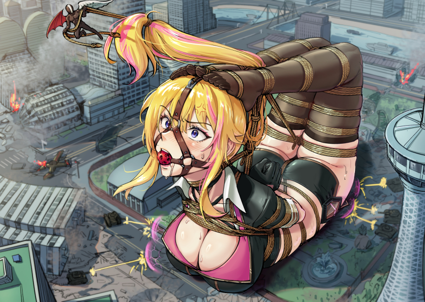 1boy 1girl aircraft airplane angel_wings anger_vein asymmetrical_wings ball_gag bdsm black_thighhighs blonde_hair boat bondage bound breasts bridge city cleavage commentary_request commission demon_wings feet gag giant giantess high_ponytail highres military_vehicle motor_vehicle original over-kneehighs ponytail purple_eyes restrained revision root001 ruins shibari striped_hair tank thighhighs toes watercraft wings