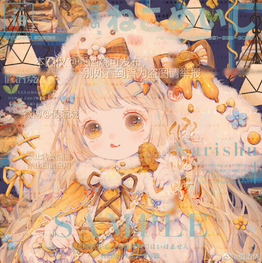 1girl :d animal_ear_gloves animal_ear_headwear animal_ears animal_hat blonde_hair blue_background blue_bow blue_flower blue_nails blue_ribbon bow brown_bow brown_ribbon cake capelet carrot_hair_ornament chinese_commentary closed_mouth commentary_request commission cookie cross-laced_clothes cross-laced_dress dated dress eyelashes eyeshadow fake_animal_ears fingerless_gloves flower food food-themed_hair_ornament food-themed_hat_ornament fried_egg frilled_sleeves frills fur_gloves fur_hat fur_scarf gloves hair_bow hair_flower hair_ornament hairclip hat hat_bow hat_flower hat_ornament heart heart_hair_ornament heart_hat_ornament heart_in_eye holding holding_cookie holding_food honey ice_cream indoors jewelry jiajiu_shao lantern light_blush lipstick long_hair long_sleeves looking_at_viewer makeup mooncake multicolored_nails multiple_hat_bows nail_polish neck_ribbon necklace open_mouth orange_eyeshadow original pom_pom_(clothes) puffy_long_sleeves puffy_sleeves rabbit_ears rabbit_hat red_lips ribbon sample_watermark scarf single_stripe sleeve_ribbon smile solo sprinkles striped_bow symbol_in_eye tareme tongue tongue_out too_many_watermarks two-tone_bow upper_body very_long_hair watermark weibo_watermark white_dress white_flower white_gloves white_scarf yellow_bow yellow_capelet yellow_eyes yellow_nails