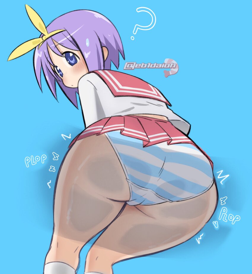 1girl ? against_glass ass ass_focus blue_background blue_eyes blush bow closed_mouth from_below hair_bow highres hiiragi_tsukasa huge_ass looking_at_viewer lucky_star mad_mex panties pleated_skirt pov purple_hair red_sailor_collar red_skirt sailor_collar school_uniform serafuku shirt short_hair simple_background skirt socks solo striped_clothes striped_panties thick_thighs thighs underwear watermark white_serafuku white_shirt white_socks yellow_bow