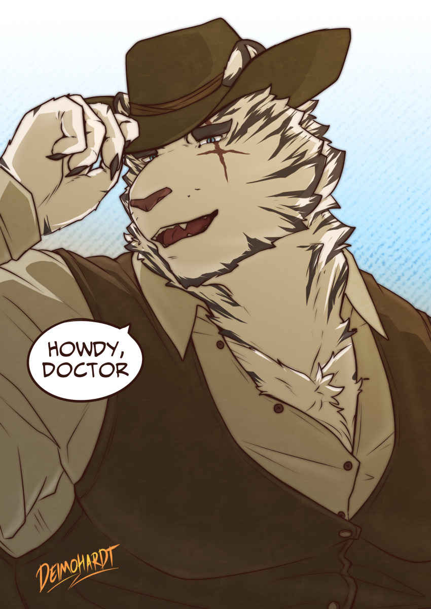 1boy absurdres animal_ears arknights artist_name brown_vest claws commentary cowboy_hat cross_scar deimohardt english_commentary facial_scar fang furry furry_male grey_shirt hat highres looking_at_viewer male_focus mountain_(arknights) muscular muscular_male open_mouth pectorals scar scar_across_eye scar_on_cheek scar_on_face shirt smile speech_bubble tiger_boy tiger_ears tiger_stripes upper_body vest