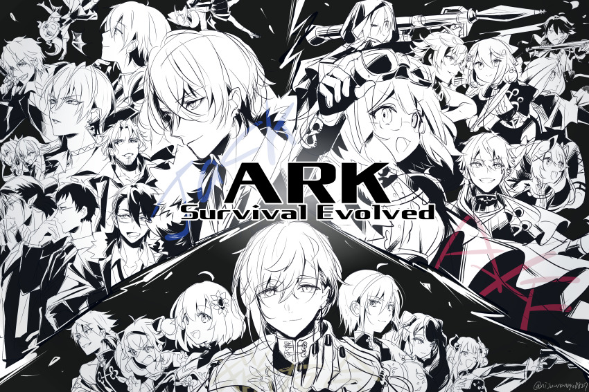 6+boys 6+girls :d absurdres adjusting_eyewear adjusting_goggles ahoge ark_survival_evolved arm_up ars_almal belmond_banderas bow character_request collarbone collared_shirt demon_wings detached_wings dress_shirt earrings ex_albio fang fingerless_gloves flower fuwa_minato glasses gloves goggles goggles_on_head grin hair_between_eyes hair_bow hair_flower hair_ornament hairband hanabatake_chaika hand_up highres holding holding_weapon honma_himawari ibrahim_(nijisanji) jacket jewelry kanae_(nijisanji) long_hair long_sleeves luis_cammy matsukai_mao multiple_boys multiple_girls nail_polish necktie nijisanji ninahachi open_clothes open_jacket open_mouth pleated_skirt pointy_ears rocket_launcher rpg rpg-7 rpg_(weapon) ryuushen saegusa_akina shirt skirt smile sunflower sunflower_hair_ornament twintails twitter_username v-shaped_eyebrows virtual_youtuber weapon wings x_hair_ornament yashiro_kizuku yorumi_rena yuzuki_roa