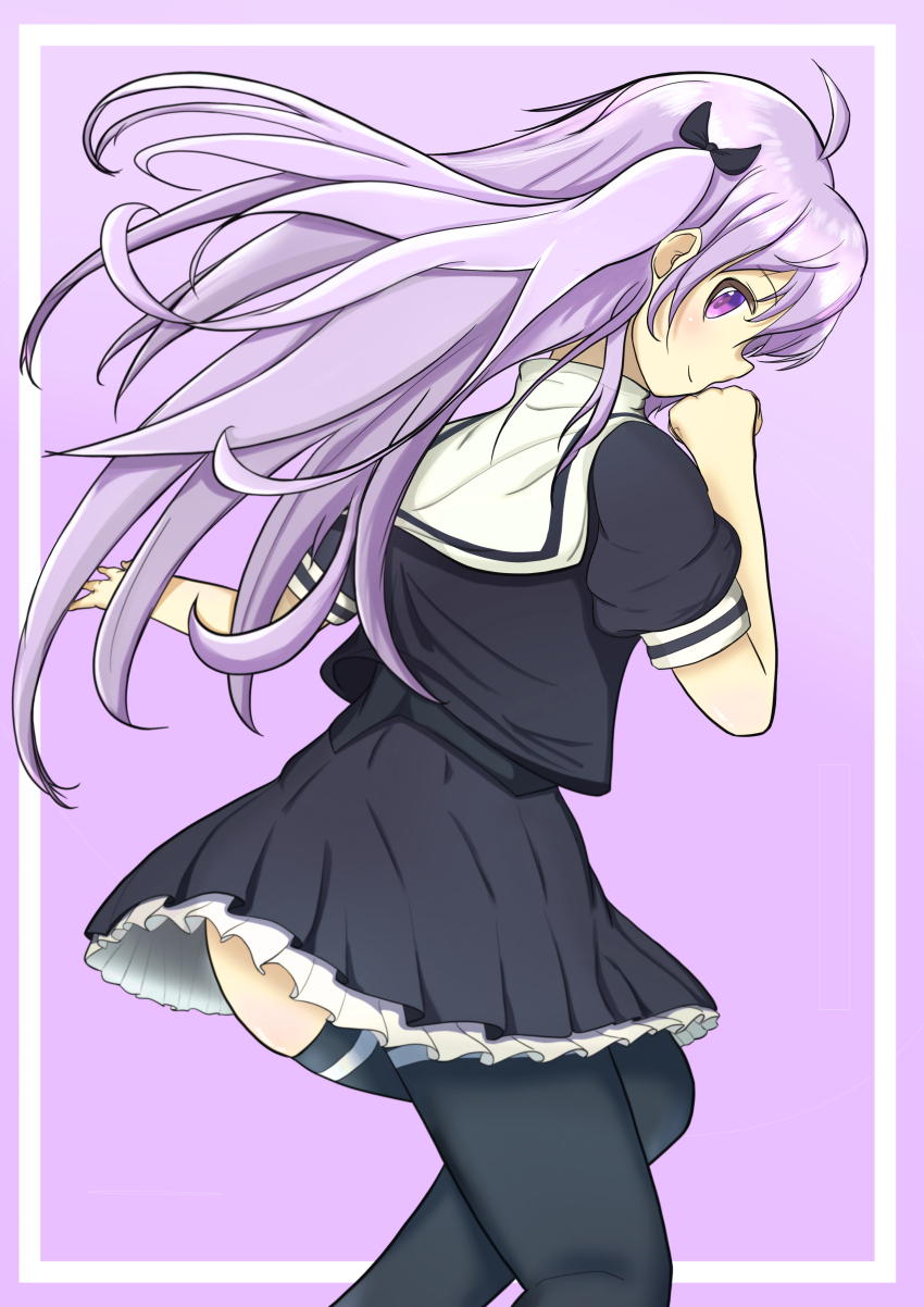 1girl absurdres ahoge ass assault_lily black_bow black_skirt black_thighhighs blush border bow closed_mouth commentary cropped_jacket frilled_skirt frills from_side hair_bow hand_to_own_mouth hands_up highres imagawa_homare inset_border kirikabu_(user_egjh7848) long_hair looking_at_viewer looking_to_the_side miniskirt one_side_up outside_border pleated_skirt profile puffy_short_sleeves puffy_sleeves purple_background purple_eyes purple_hair school_uniform short_sleeves sideways_glance simple_background skirt smile solo standing thighhighs underbust very_long_hair white_border yurigaoka_girls_academy_school_uniform