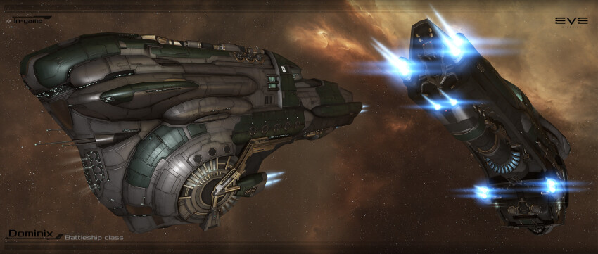 3d battleship_(eve_online) carrier combat_ship_(eve_online) commentary copyright_logo copyright_name dated_commentary dominix_(eve_online) droneboat_(eve_online) emblem english_text eve_online federation_navy_(eve_online) flying from_side gallente_federation_(eve_online) glint glowing highres kaspercohen_(kasper_hansen) logo maya_(medium) military_vehicle multiple_views nebula no_humans official_art outdoors photoshop_(medium) realistic science_fiction sky space spacecraft star_(sky) starry_sky starry_sky_background thrusters vehicle_focus