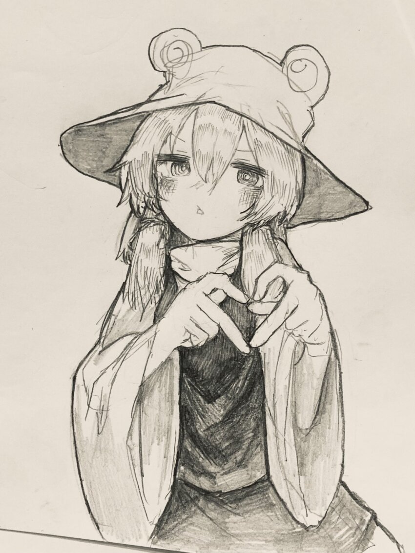1girl @_@ commentary_request greyscale hair_between_eyes hat heart heart_hands highres long_sleeves looking_at_viewer medium_hair monochrome moriya_suwako neritch open_mouth sidelocks simple_background skirt solo touhou traditional_media wide_sleeves