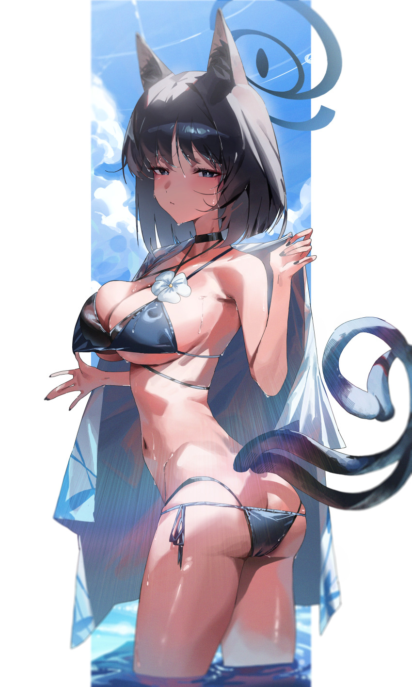 1girl absurdres animal_ear_fluff animal_ears arm_up ass bakeneko bare_shoulders bikini black_eyes black_hair black_tail blue_archive blue_bikini blue_halo blue_haori blush breasts butt_crack cat_ears cat_girl cat_tail choker chun_nam cleavage closed_mouth colored_inner_animal_ears cowboy_shot halo halterneck haori highres japanese_clothes kikyou_(blue_archive) kikyou_(swimsuit)_(blue_archive) large_breasts layered_bikini looking_at_viewer looking_back multiple_tails nail_polish navel official_alternate_costume short_hair side-tie_bikini_bottom solo standing string_bikini swimsuit tail two_tails water