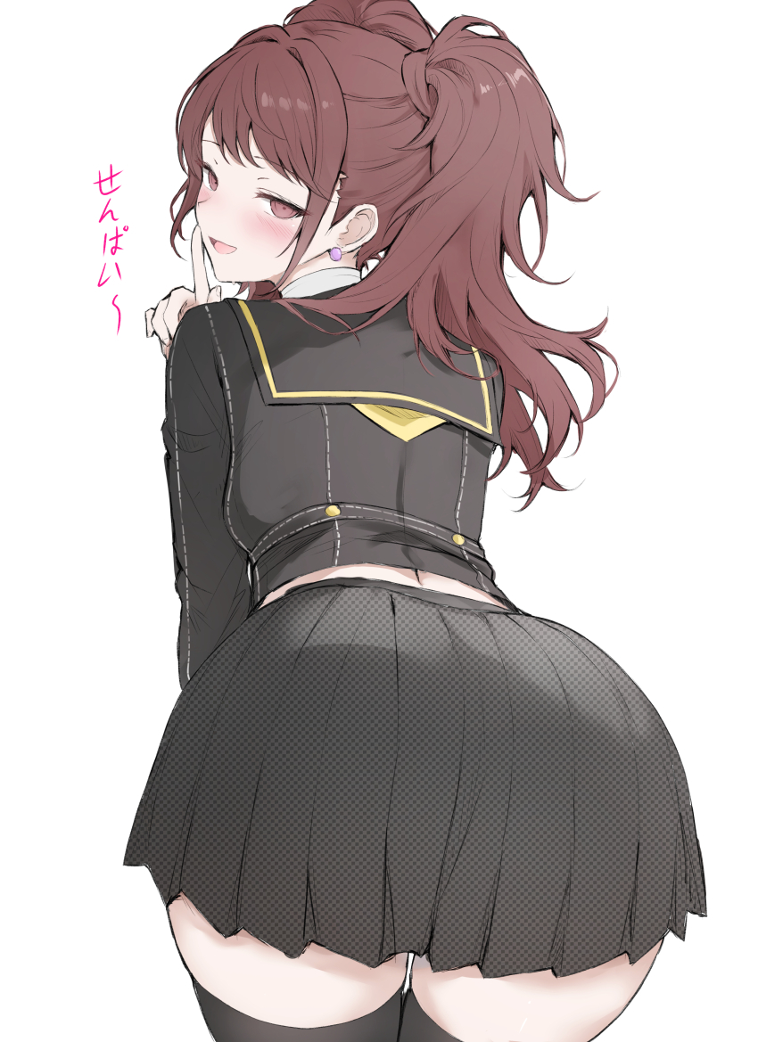 1girl absurdres ass ass_focus black_skirt brown_eyes brown_hair drunk earrings highres jewelry kujikawa_rise littlehobby persona persona_4 pleated_skirt short_twintails simple_background skirt solo translation_request twintails white_background