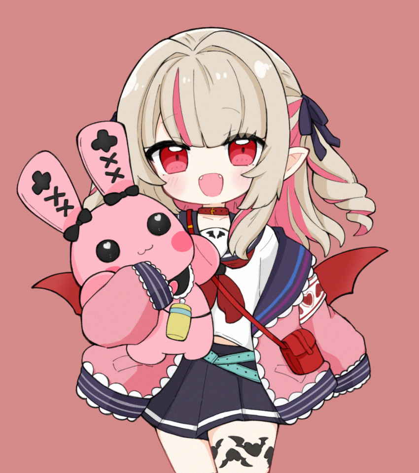 1girl :d bag black_bow black_sailor_collar black_skirt bow brown_background brown_hair chibi collar collarbone commentary fangs hair_bow hair_intakes handbag heart heart_in_eye highres jacket long_sleeves looking_at_viewer makaino_ririmu makaino_ririmu_(4th_costume) multicolored_hair nijisanji nozo_(hitomiz) open_clothes open_jacket open_mouth pink_hair pink_jacket pleated_skirt pointy_ears puffy_long_sleeves puffy_sleeves red_collar red_wings sailor_collar school_uniform serafuku shirt shoulder_bag simple_background skirt sleeves_past_fingers sleeves_past_wrists smile solo stuffed_animal stuffed_rabbit stuffed_toy symbol_in_eye two-tone_hair two_side_up virtual_youtuber white_shirt wings