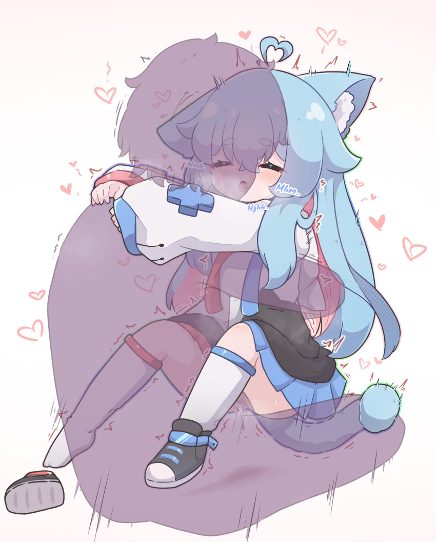 1boy 1girl ahoge animal_ears black_shoes blue_hair cat_ears cat_girl cat_tail closed_eyes cum cum_in_pussy cum_overflow heart heart_ahoge hetero highres invisible_man kurotofu loli long_hair long_sleeves open_mouth original pussy pussy_peek sex shoes simple_background single_shoe socks straddling tail thick_eyebrows upright_straddle vaginal very_long_hair white_background white_socks