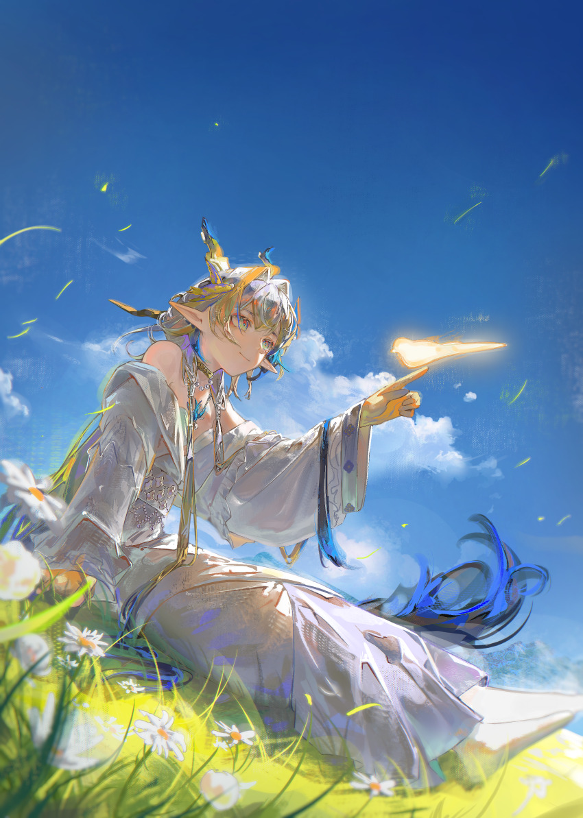 1girl absurdres arknights bare_shoulders bird bird_on_hand blonde_hair blue_sky brooch brown_choker choker cloud dragon_girl dragon_horns dress eastern_dragon_horns flower gloves grass hair_between_eyes highres horns jewelry liebebento_(dosilan) long_hair long_sleeves looking_at_another on_grass pointy_ears shu_(arknights) shu_(bingwenyuyou)_(arknights) sitting sky socks solo white_dress white_socks wide_sleeves yellow_eyes yellow_gloves